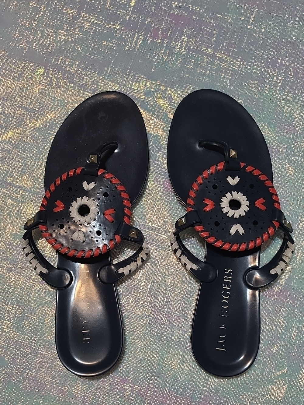 Jack Rogers Blue Jelly Sandals with Red and White Accents